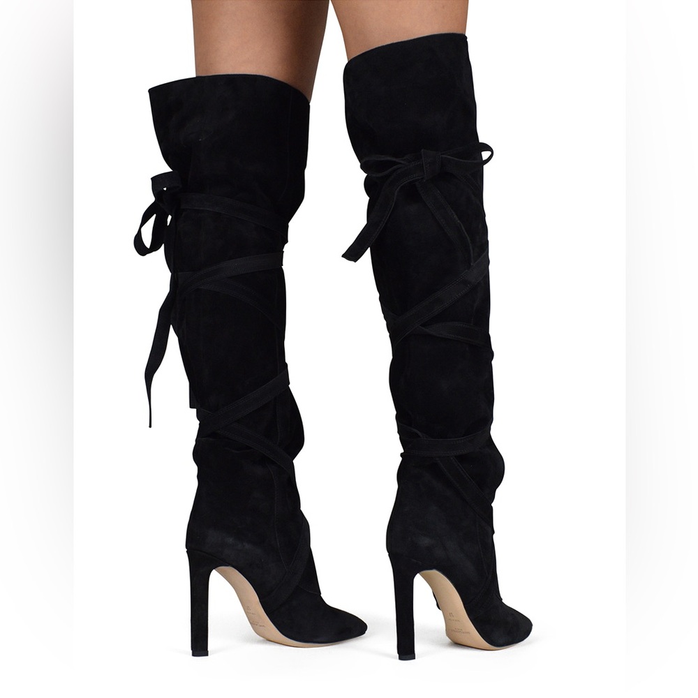 YSL Saint Laurent Cachemere Suede Thigh High Lace Wrap Boots Nero Black EU37